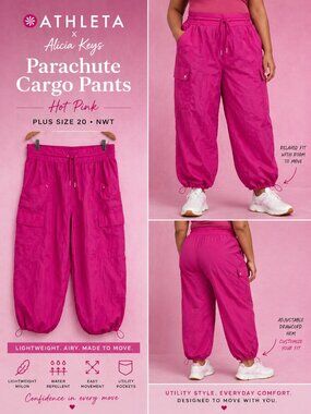 NWT Athleta x Alicia Keys Parachute Cargo Pants Hot Pink Size 20